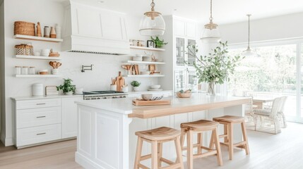 A bright, modern kitchen showcases sleek white cabinets and a spacious wooden island