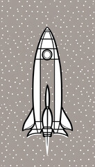 Fototapeta premium A minimalist illustration of a rocket ship outlined in black, set against a light gray background with scattered white dots resembling stars.