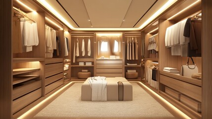 A modern, spacious walk-in closet featuring wooden cabinetry, organized clothing, and soft lighting for a luxurious feel.
