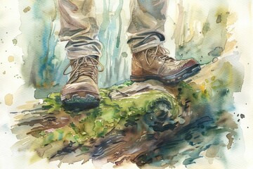 Obraz premium Watercolor illustration of a pair of hiking boots, perfect for outdoor and nature-themed designs