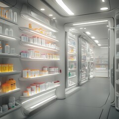 Futuristic pharmacy interior with shelves stocked with medication and medical supplies.