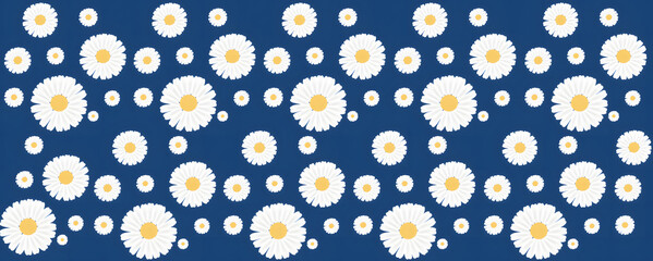 Big and Small White Blooms Seamless Pattern with Navy Blue Background