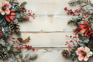 christmas flowers on rustic wooden ground, space for text, christmas background, christmas card template