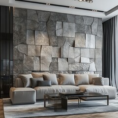 Naklejka premium A modern living room with a stone wall, a couch and a coffee table.