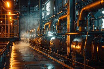 Metal pipes stored in a factory setting, ideal for use as a background or prop