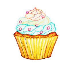 Cupcake drawn by hand with colored markers. Sketch illustration of sweet food isolated on white background. Hand-drawn colorful sweets.