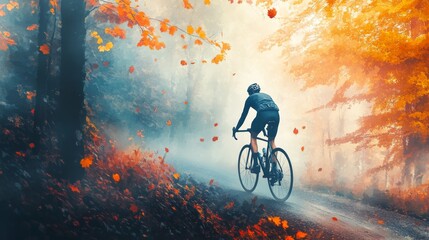 A cyclist rides through a misty forest adorned with vibrant autumn leaves, capturing the essence of outdoor adventure.