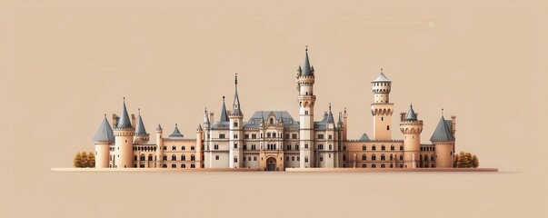 Obraz premium Hohenzollern Castle in Germany, flat design, side view, fairytale castle theme, 3D render, Complementary Color Scheme