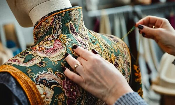 Close-up of a richly patterned green and gold fabric garment on a mannequin