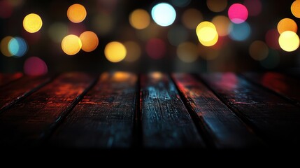 Wooden table, blurred bokeh background background. Neon light, night view, close-up. The general background of the interior, a dark background.