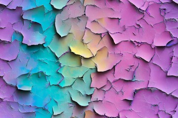 Fototapeta premium A vibrant abstract background featuring a texture of colorful cracked and peeled paint in various shades of pink, purple, blue, and yellow.