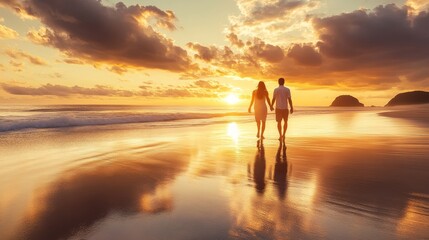 Fototapeta premium A couple walks hand-in-hand along a serene beach at sunset, creating a romantic and peaceful atmosphere.