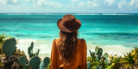 A woman wearing a brown hat stands on a beach looking out at the ocean
