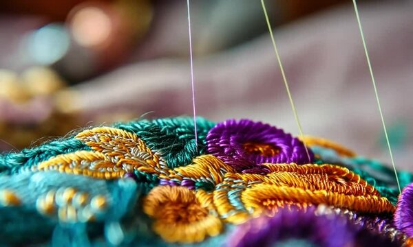 Close-up of Colorful Embroidery with a Needle and Thread