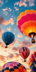Vibrant hot air balloons soaring into the sky at sunset, surrounded by scattered clouds in a scenic and colorful balloon festival.