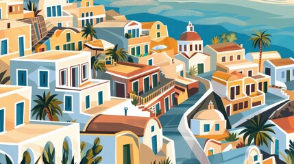 Santorini Village in Greece, flat design, top view, island escape theme, cartoon drawing, Triadic Color Scheme