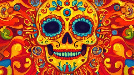 Vibrant vector background illustration celebrating the Day of the Dead (D&iacute;a de los Muertos), featuring colorful skulls, marigold flowers, and decorative patterns that embody the spirit 
