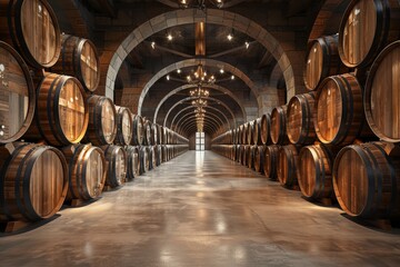 Rows of scotch whisky barrels at a distillery  aging oak barrels for fine whiskey and brandy