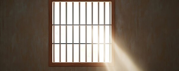 A closeup of a barred window with faint light streaming through, symbolizing the feeling of being trapped and isolated in jail