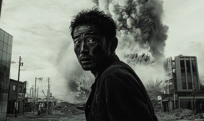 Man looking at smoke after explosion.