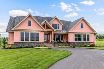 Home design with pastel coral accents in a traditional style, dark soapstone and oak details, expansive windows, sand-colored roof trim, a stamped asphalt driveway, and a manicured lawn