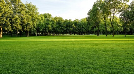 Obraz premium Expansive grassy field in a peaceful public park, mature trees lining the horizon, under a clear sky.
