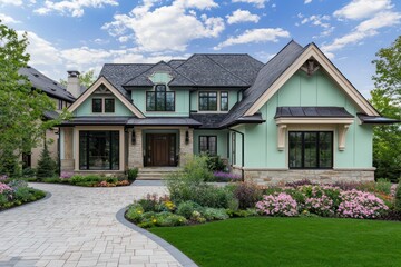 Home design with soft mint accents in traditional style, dark quartz and birch details, generous windows, bone roofline trim, a paver block driveway, and a flourishing front lawn