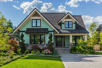 Home design with soft mint accents in traditional style, dark quartz and birch details, generous windows, bone roofline trim, a paver block driveway, and a flourishing front lawn