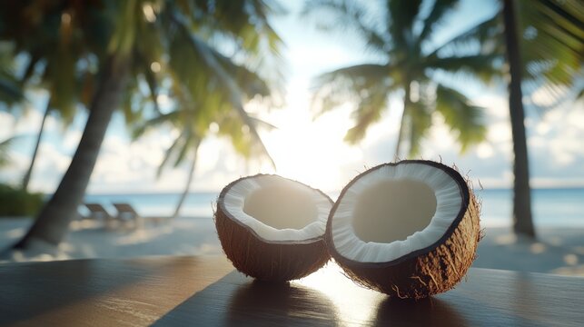Coconut on Tropical Beach with Palm Trees and Sunset