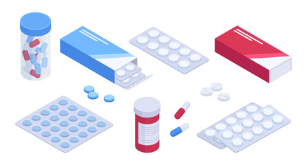 Isometric medical pills. Tabletes container, plastic bottle with drug capsules, pharmaceutical medical care treatment 3d flat vector illustration set. Pharmacy medications on white