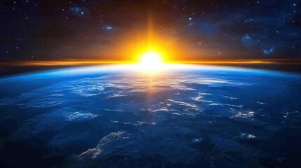 A breathtaking sunrise over the Earth's horizon with a star-filled sky, showcasing the beauty and fragility of our planet.