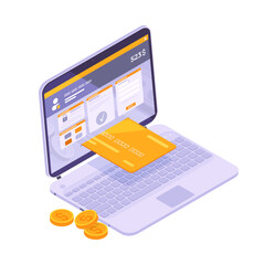 Online banking. Isometric electronic payment transaction concept, internet secure money transfer isolated 3d vector illustration. Online money transaction