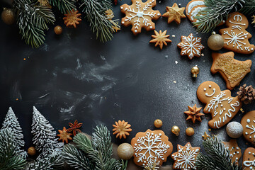 christmas cookies on dark ground with space for text, chritmas background, christmas invitation, christmas card