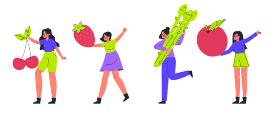 Women with huge food. Girls carrying big fruits and vegetables flat vector illustration set. Tiny females carry various fruits