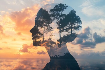 Silhouette of rich successful business woman with gold money tree and rising sun