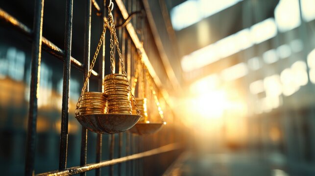 Justice vs. Incarceration - Symbolic Scales of Law with Gold Coins and Prison Bars in Dramatic Lighting