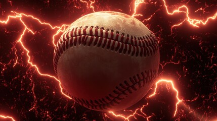 Intense red lightning bolts surrounding a baseball, showcasing the fierce competition in the sport.