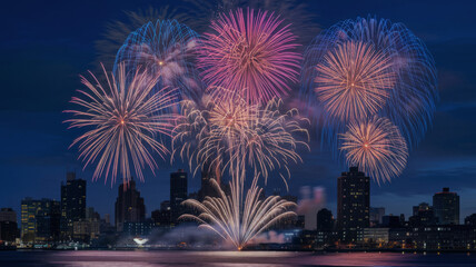 Naklejka premium A vibrant fireworks show bursting in the night sky above a cityscape, creating a festive atmosphere. Night of bonfires and fireworks.