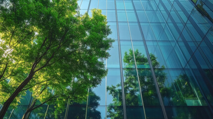 Reflecting greenery, a corporate glass building symbolizes ESG principles, advocating sustainability integration into business practices