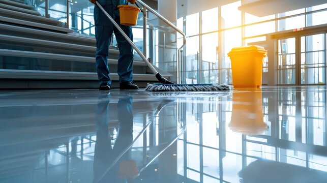Professional Cleaner Mopping Shiny Stairs in Modern Commercial Building