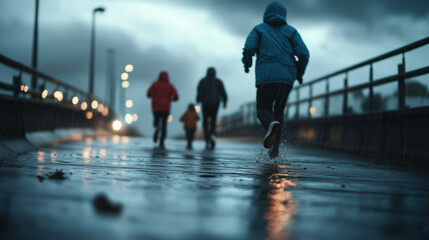 Fototapeta premium A Heart-Pounding Scene of a Family Escaping a Collapsing Bridge Amidst a Storm, Showcasing Their Fear and Determination as They Race Against Time