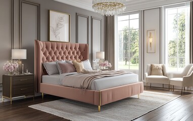 Pink tufted headboard bed in a luxury bedroom.