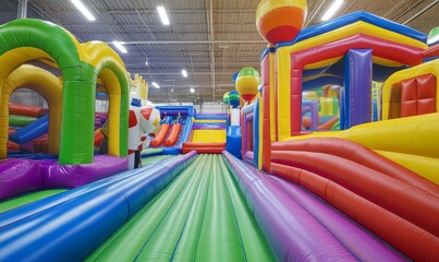 Colorful inflatable bounce house with slides.