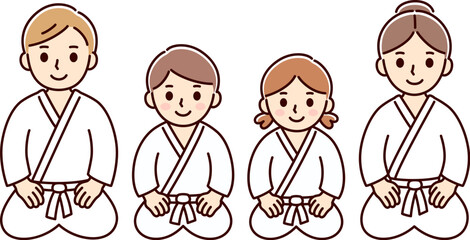 Cute cartoon kids and adults martial arts sitting seiza