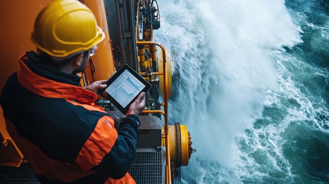 Innovative Engineering Team Analyzing Data on Tablets at Hydroelectric Dam Platform with Turbines and Rushing Water Below