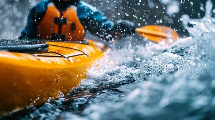 Fototapeta premium Kayaker Navigating Through Rough White Waters, Top View Close-Up of Vibrant Yellow Kayak Against Dynamic Water Splashes, Web Banner with Copy Space