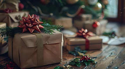 christmas presents with ribbons under a christmas tree, cozy athmosphere, christmas lights, livingroom