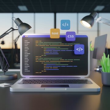 Laptop displaying coding languages with modern workspace setup.