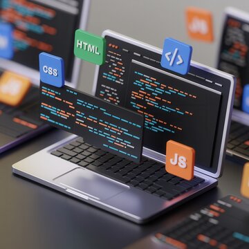 Laptop displaying various programming languages and code editor interface.