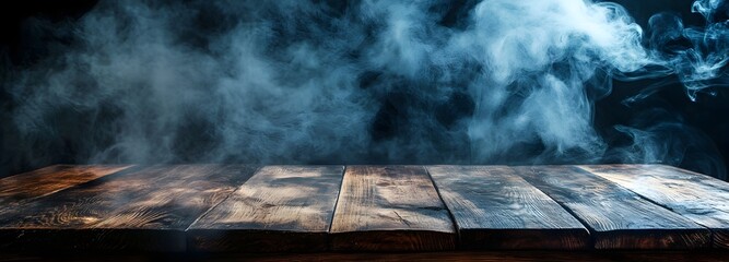 2. A rustic wooden table with an empty space for product display, surrounded by swirling smoke on a dark backdrop, adding an intriguing and dramatic effect